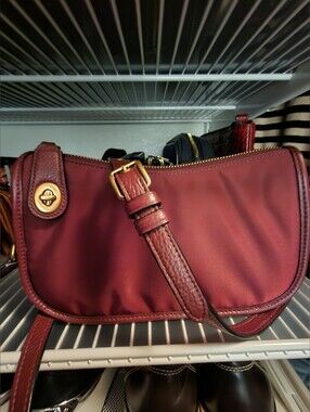 Coach Wine Color Swinger Bag In Nylon With Leather Trim.